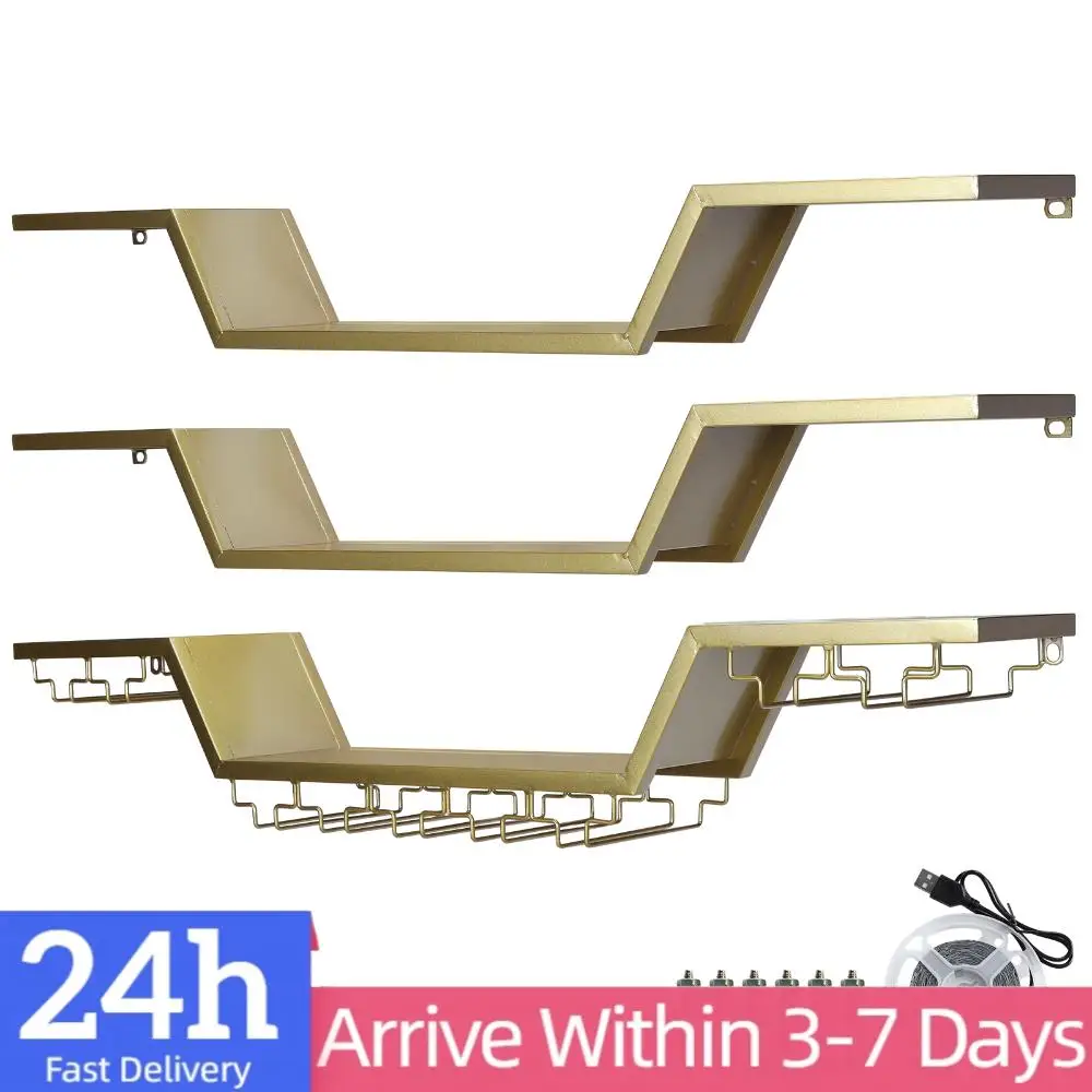 

Современная настенная винная полка с LED-подсветкой и крючками для бокалов, 3-ярусная, 47/55 дюймов, для домашнего бара, столовой, кафе, декоративная