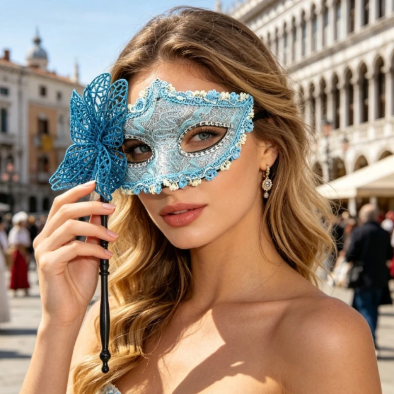 Classic Venetian Hand Mask Feather Decoration and Delicate Carvings Stylish Prop for Halloween Party