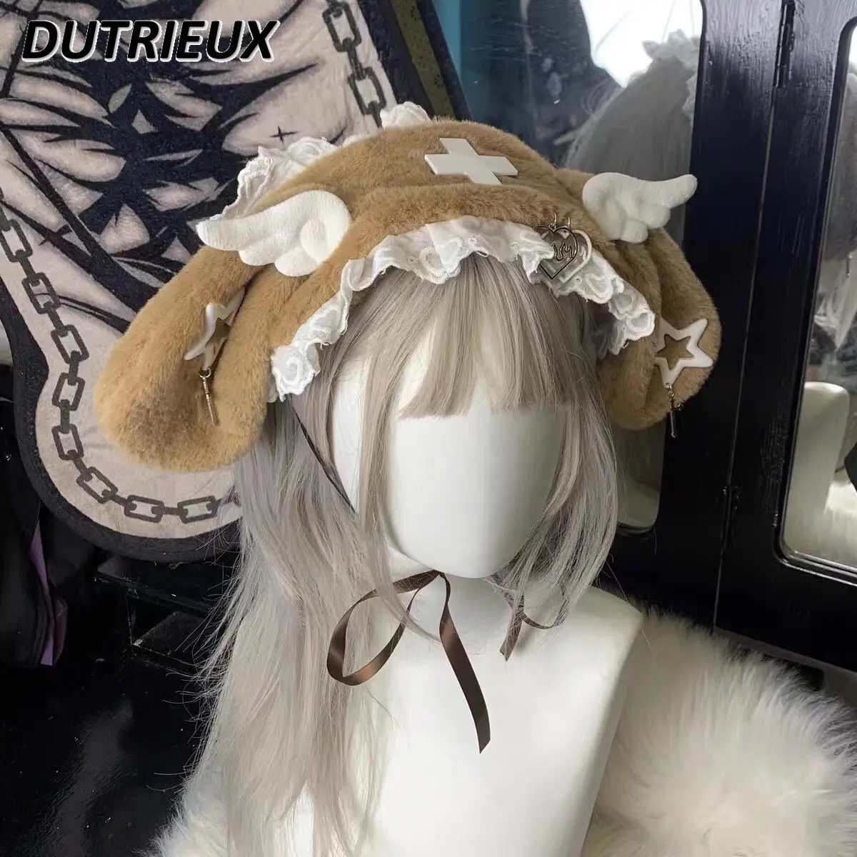 Bande de cheveux d'oreille de lapin japonais, coiffure Lolita de culture asiatique, dentelle mignonne, accessoires de cheveux en peluche, Harajuku Y2k, pinces à cheveux douces pour filles