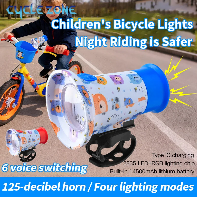 Kids Bicycle Light with Horn TYPE-C Rechargeable Children's Bell Flashlight Night Riding Bike Headlight RGB Cycling Front Lamp