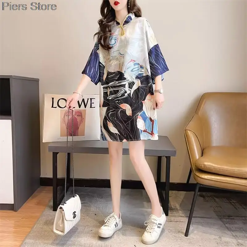 Summer Short Sleeve T Shirt Women Chinese Style Vintage Long T-shirt Female Loose Stand Collar Womens Tee Shirts White