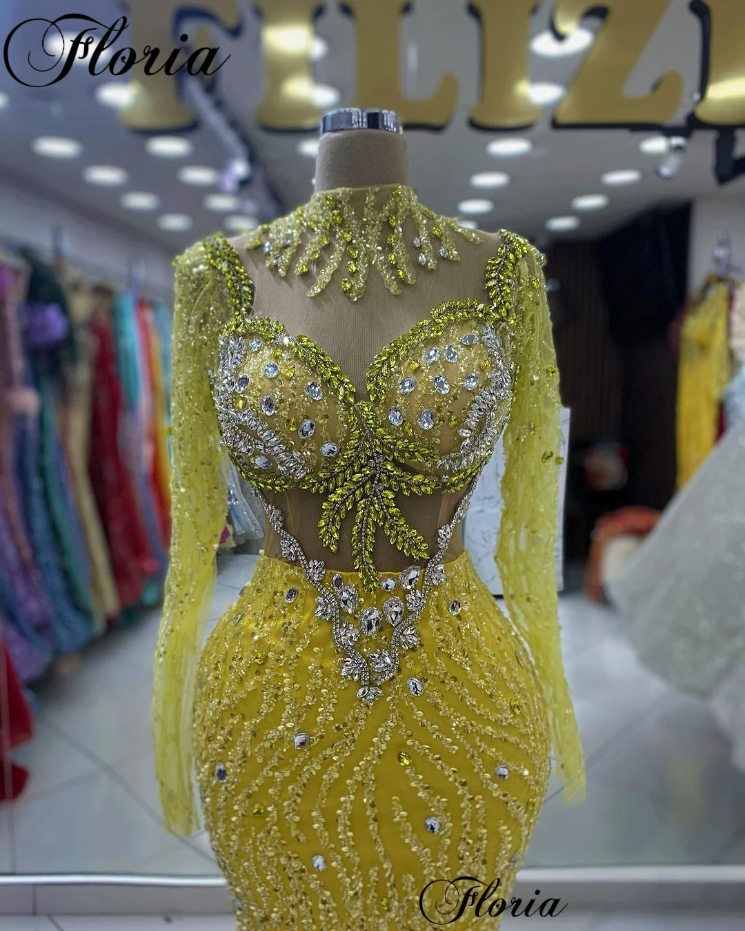 Robe de Soirée Jaune à Paillettes, Tenue à Manches sulfet Col Haut, pour Cérémonie de Récompense, Célébrité