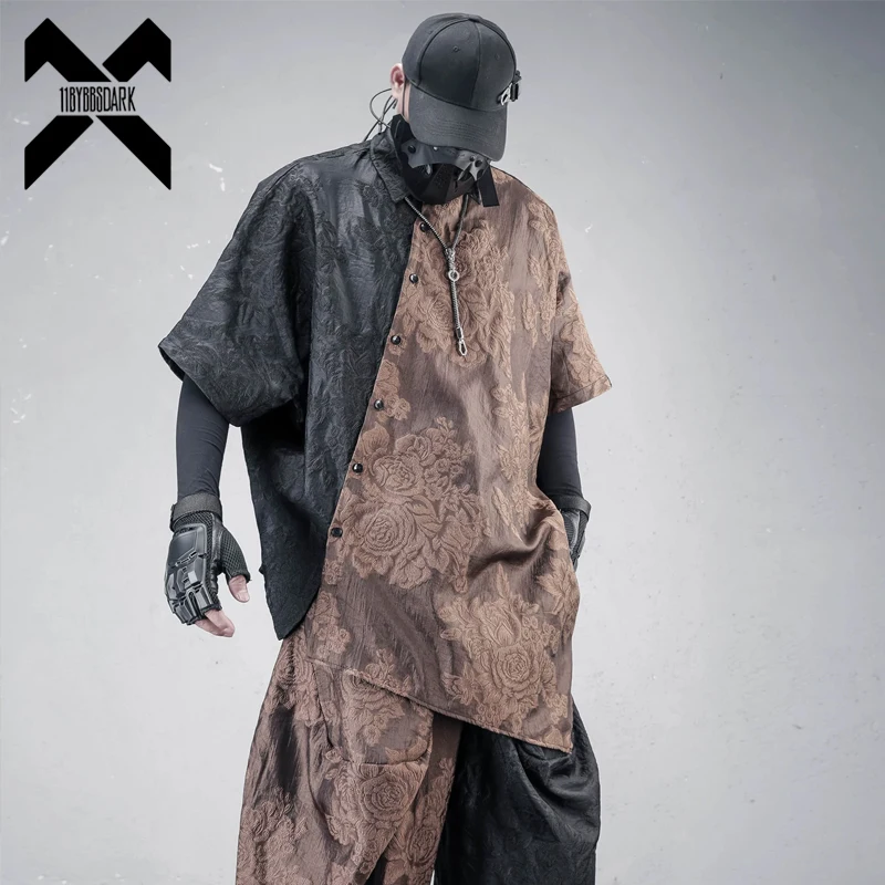 

Men Summer Yamamoto Style Color Block Shirt Asymmetric Design Loose Short Sleeve Casual Trendy Tops