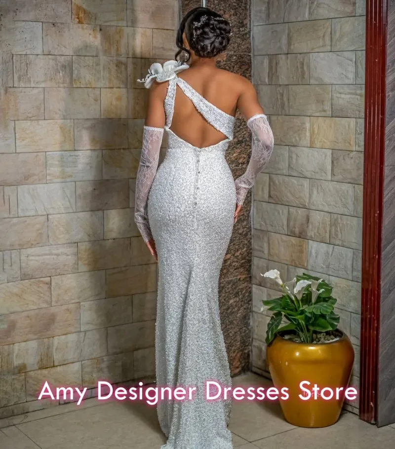 Elegant Wedding Dresses For Women Simple One Shoulder Sweep Train Pearls Lace 3D Flower Mermaid Bridal Gowns Customized