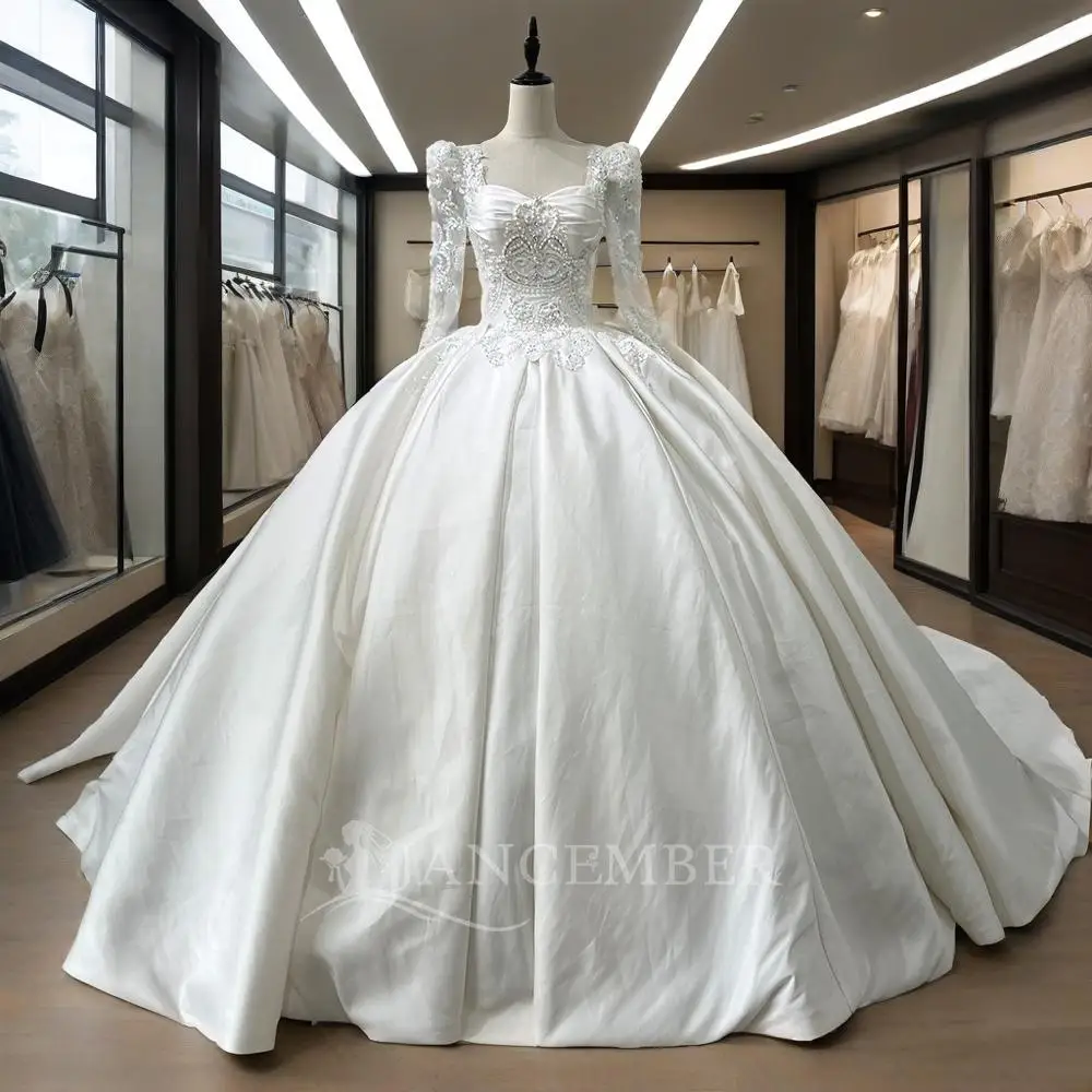 White Long Sleeved High-end Wedding Dress With Heavy Industry And Diamonds Style Scoop Customized свадебное плать