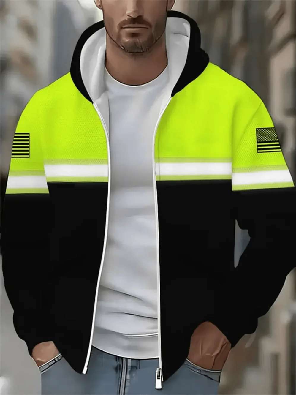 Herren 3D-Druck Neues Sicheres Logo Farbblock-Design Reißverschluss-Hoodie Lässiger Langarm-Pullover Arbeitskleidung Kapuzenpullover – Detail 7