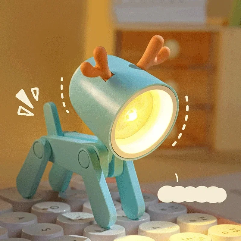 Portátil LED Mini Night Light, Folding Desk Lamp, Amarelo Quente, Cute Little Deer, Filhote de cachorro, Animais, Decoração para casa, Luz com bateria