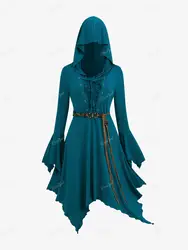 ROSEGAL Plus Size New Hoodie Dresses Blue Lace Up Handkerchief Bell Sleeve Dress With Belt Women Fall Casual Knee-Length Vestido