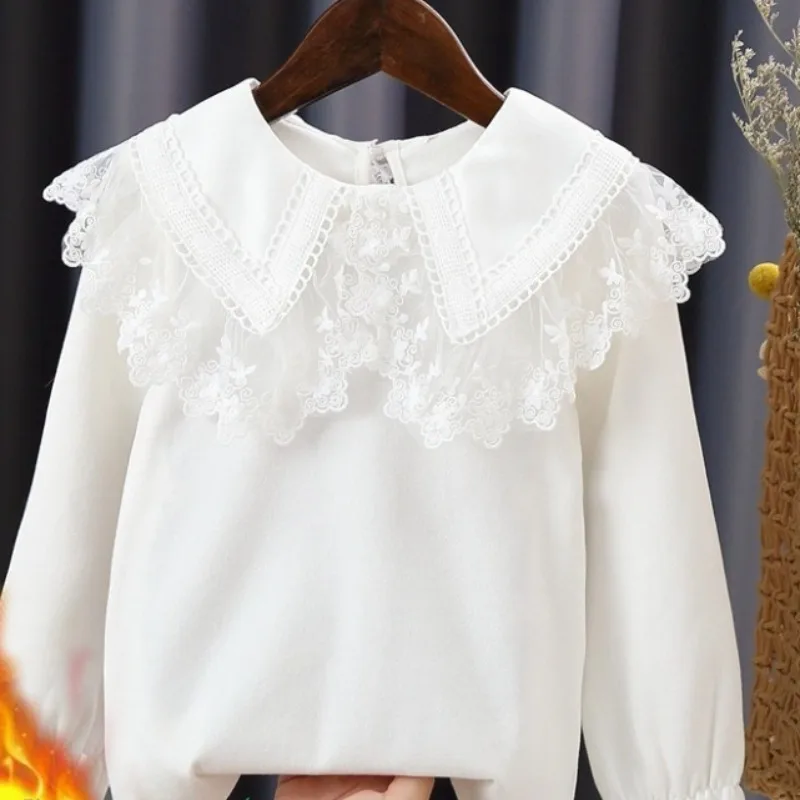 

2025 Spring Autumn Baby Toddler Princess School Girls Blouse White Long Sleeve Girl Shirt Cotton Kids Lace Tops Children Clothes