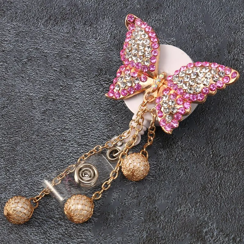

A34M-5Pcs Retractable Badge Holder Reel, Butterfly Handmade Bling Rhinestone ID Badge Holders With Clip, For Volunteer Nurses