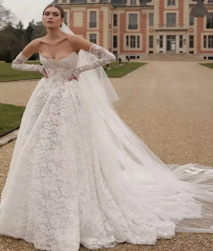 

2026 A-Line Lace Princess Wedding Dresses Long Sleeves Sweetheart Bridal Dress White Wedding Ball Prom Gown Customized
