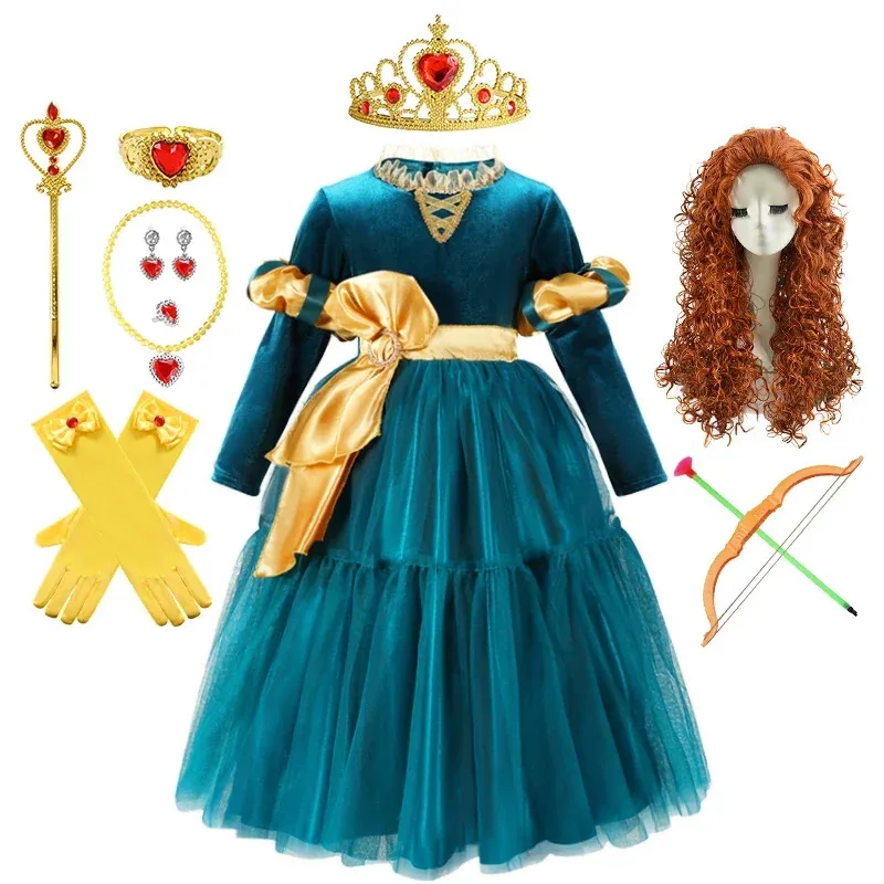 72th Anime Cosplay Cartoon Movie Girls Merida Dress Halloween Brave Princess Costume Children Green Velvet Long Sleeve