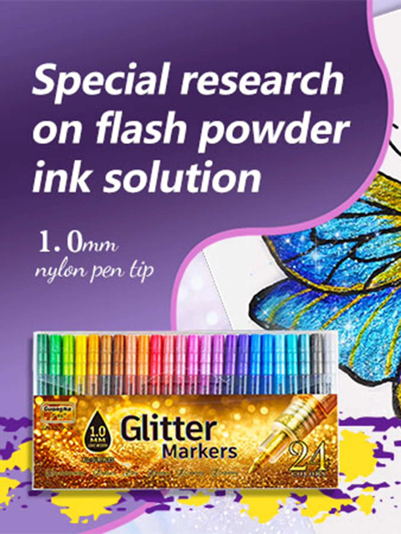 24-Farben 1,0mm Stiftspitze Glitzermarker, Leuchtende Farben mit Mischbarem Aquarellstift, Unverzichtbar für Buchskizzen und Zeichnungen – Detail 3