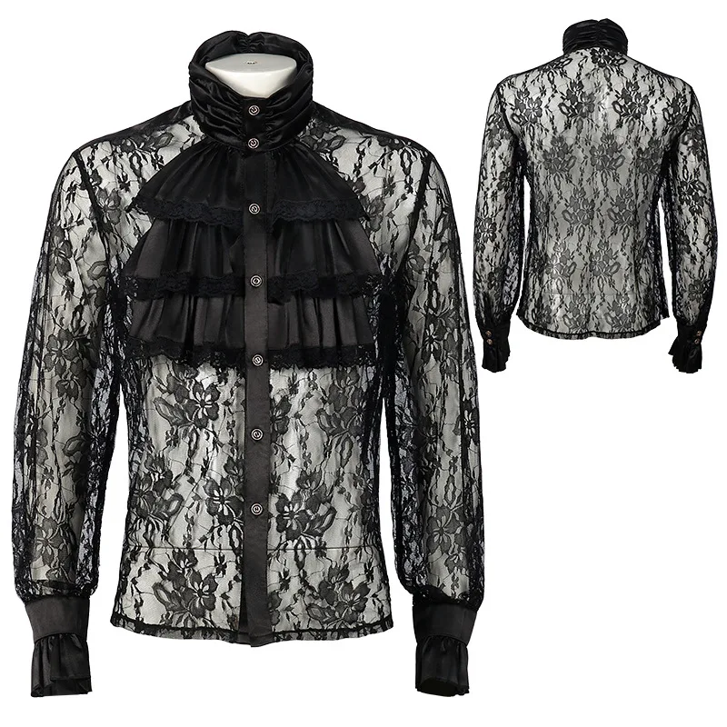 Men Renaissance Long Sleeve Lace Shirt Medieval Pirate Steampunk Colonial Shirt Top Halloween Perform Costume Homme