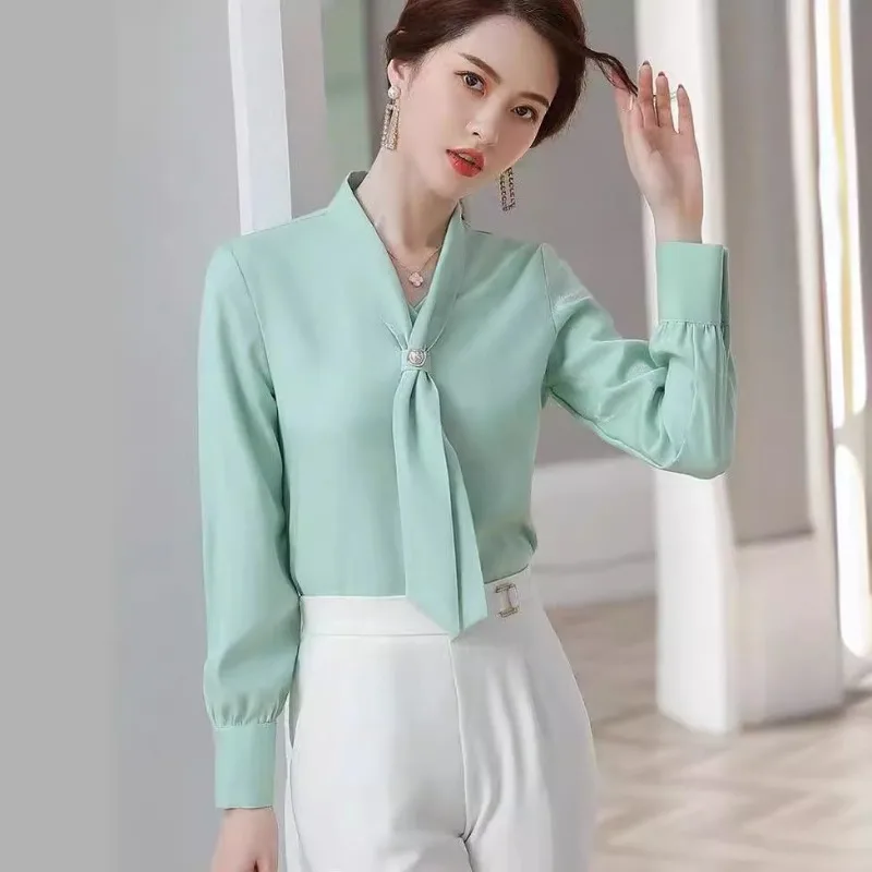 Elegant Women's Satin Shirt Summer V-neck Blouses Pullover Ladies Top Long Sleeves Chiffon thin Bow White Shirt Woman Clothing