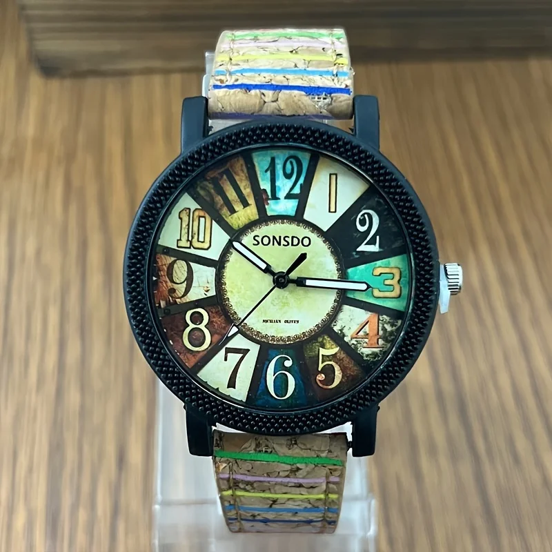 Retro Wood Grain Women\'s Quartz Watch Color Block Fashion Analog PU Leather Wristwatch Relogio Masculino