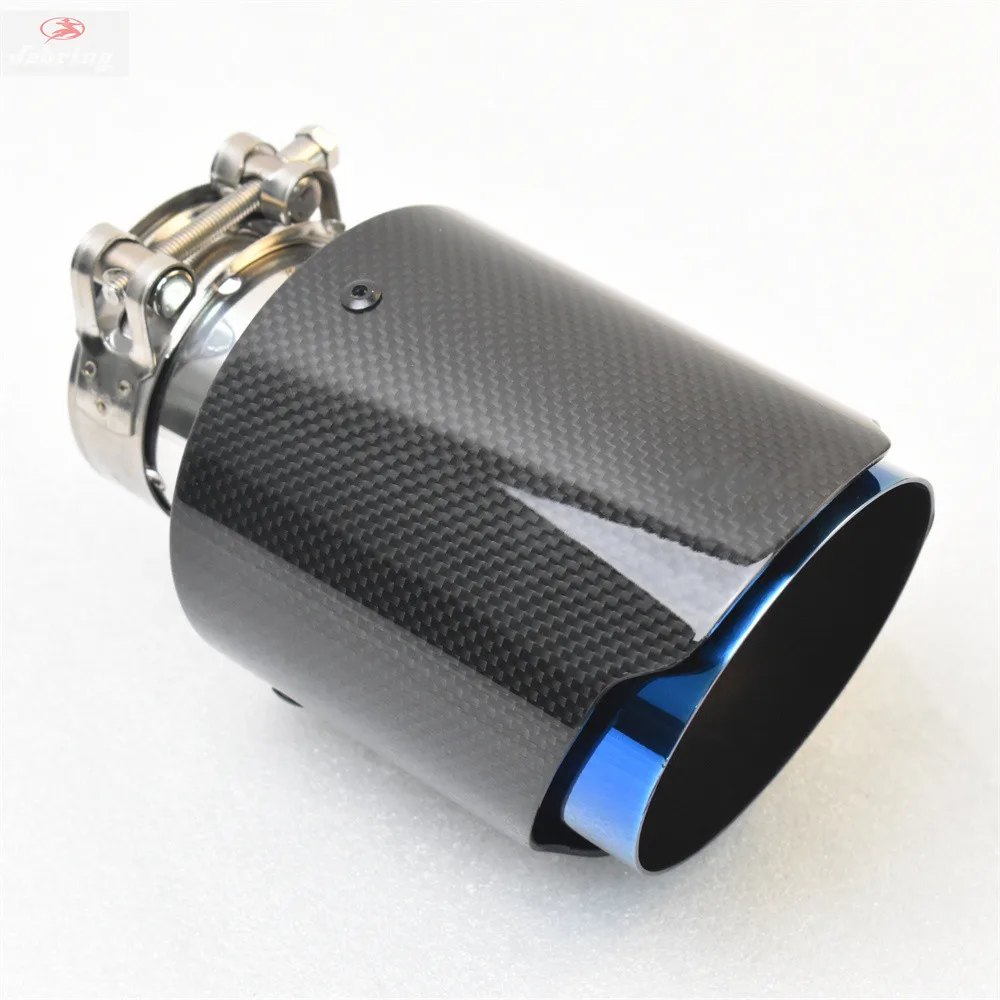 1PC Glossy Carbon Fiber Muffler Tip Exhaust System Pipe Mufflers Nozzle Universal Straight Stainless Blue for CX-4 E7