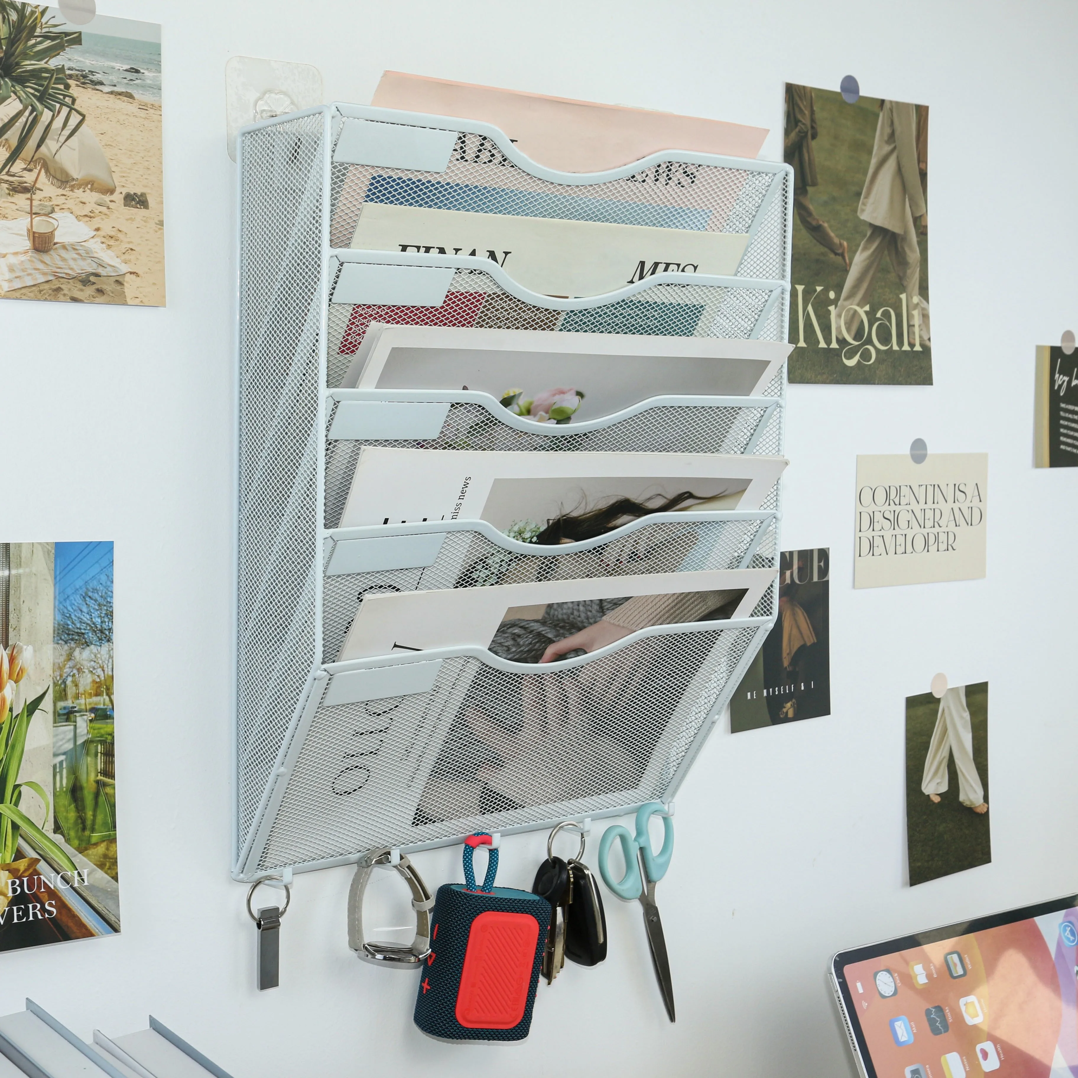 Wall-Mounted Document Storage Box with Key Hook—3-Tier/5-Tier Vertical Mesh Hanging File Holder for Folders,Magazines,and Papers