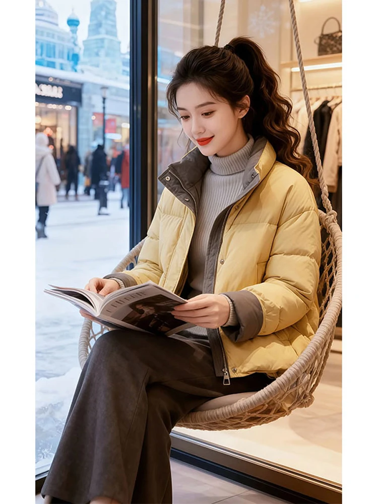 Korean Style Yellow Color Block Bread Coat Women's Short Cotton Jacket Set Fashionable Winter New Arrival Small Size Friendly
