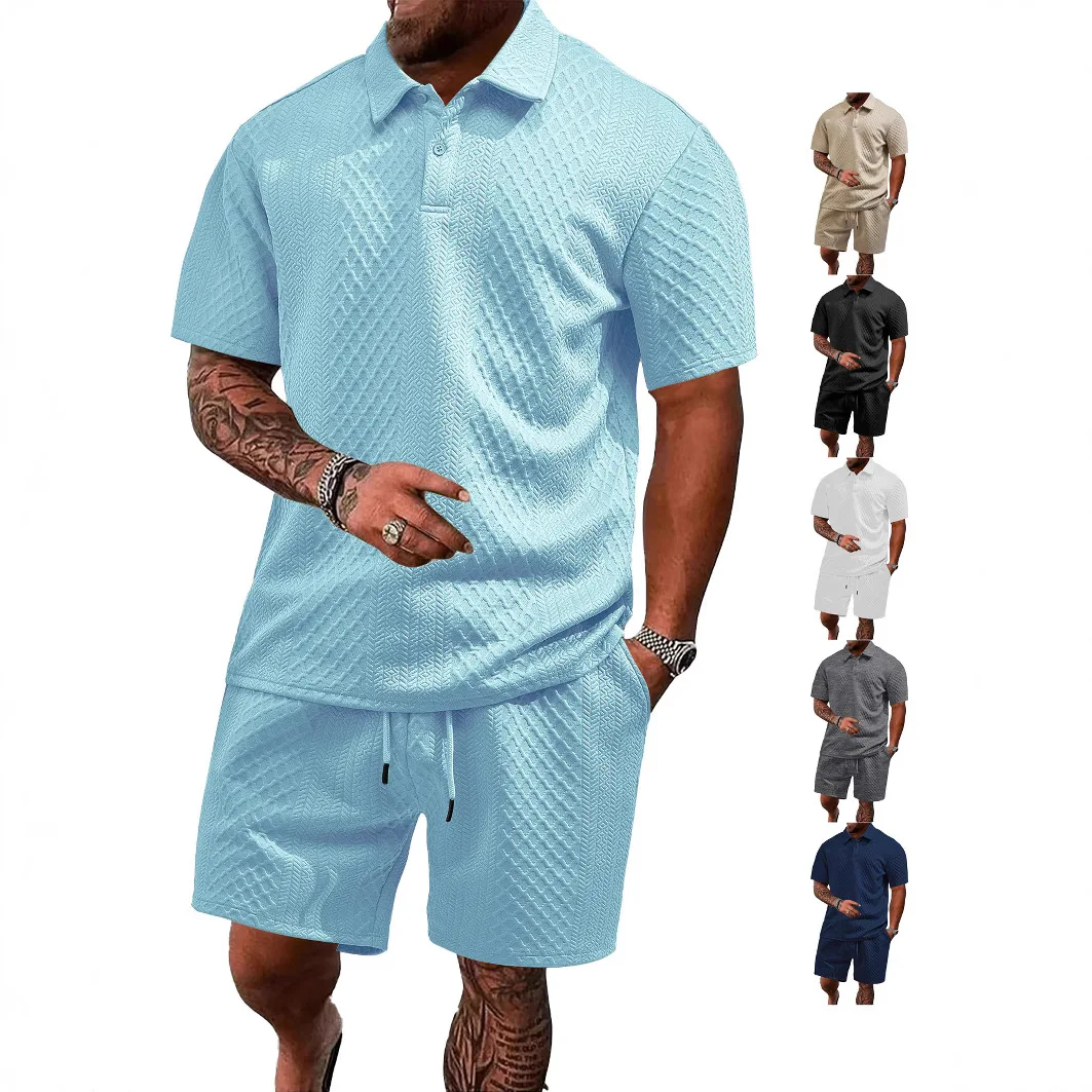 Men's New Summer Short-Sleeved and Shorts Set with Jacquard Fabric in Multiple Colors, Lapel Loose POLO Shirt Two-Piece Set.