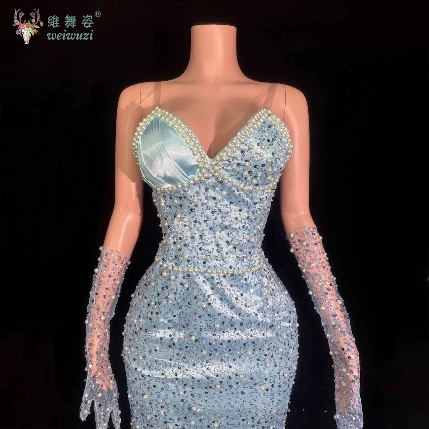 فستان أنيق من أحجار الراين واللؤلؤ للحفلات الراقصة باللون الأزرق فاخر مخصص للحفلات المسائية الرسمية فساتين الحمالات أزياء أداء المضيف