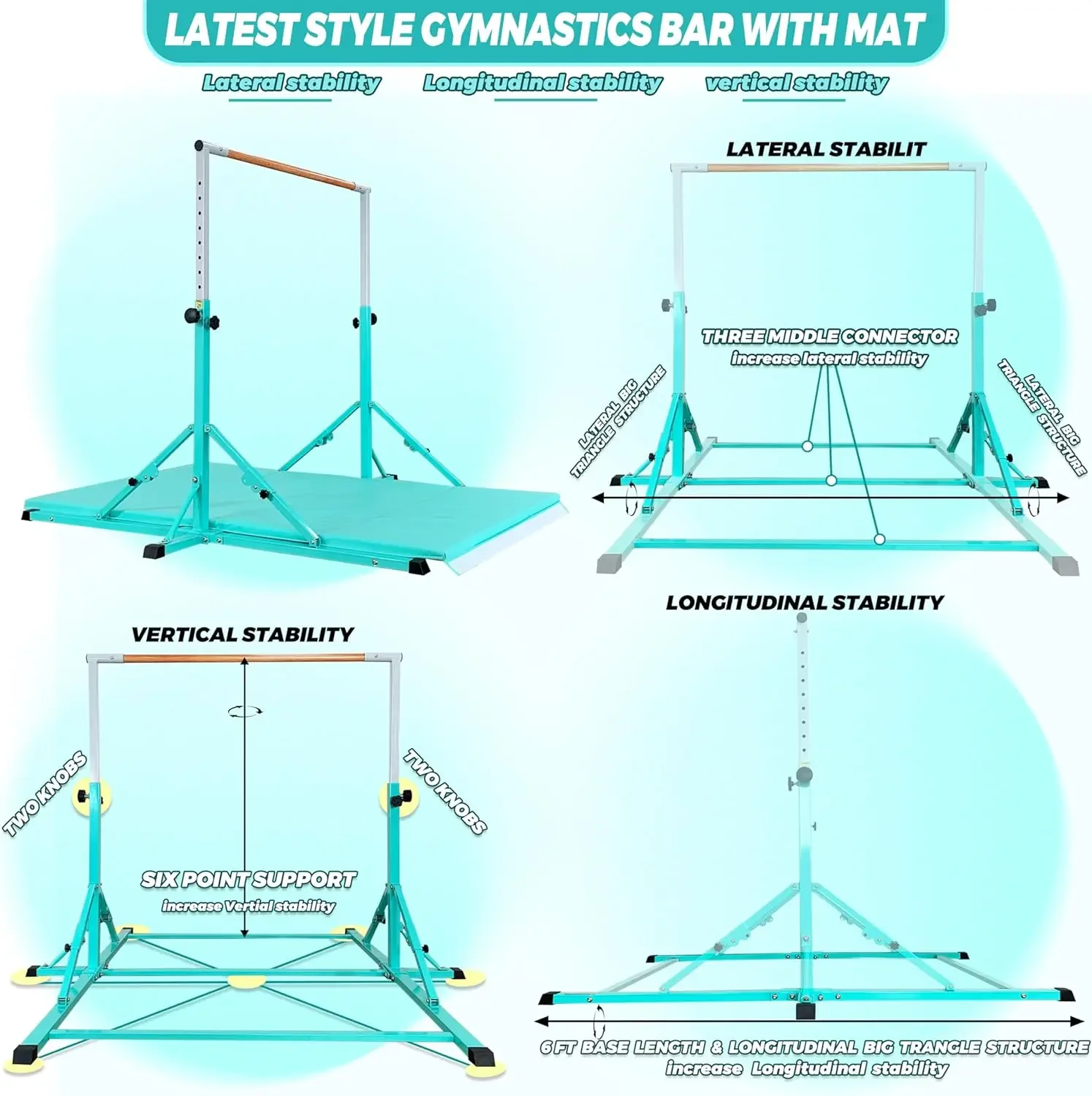 Bar For Kids and Teenage Ages 3-25, 5 FT / 6 FT Base Length Height, Gymnastic Kip Bar Horizontal Bar