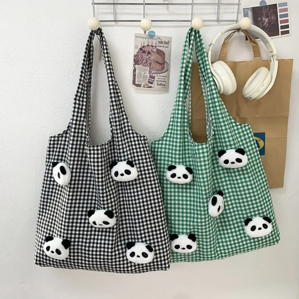 

Повседневная парусиновая сумка для покупок с героями мультфильмов и внутренней сумкой, клетчатые сумки на плечо, кукла-панда, жилет большой вместимости, женская парусиновая сумка