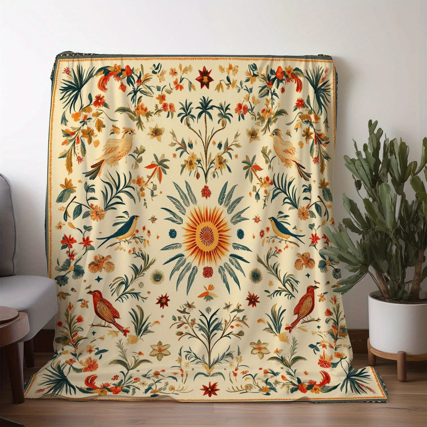 

1pc Vintage Floral & Bird Print Flannel Blanket - Soft Warm All-Season Throw for Sofa, Bed, Car, Office, Camping - Cozy Gift I