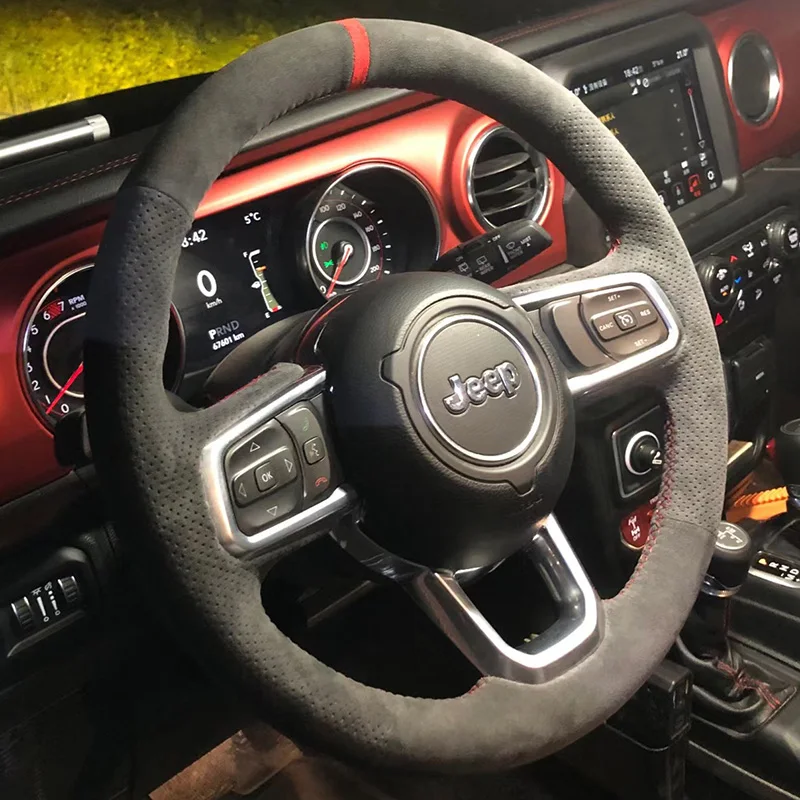 For 2018-2024 Jeep Wrangler DIY Hand Sewn Needle Thread Car Steering Wheel Cover Interior Car Accessories Suede Black