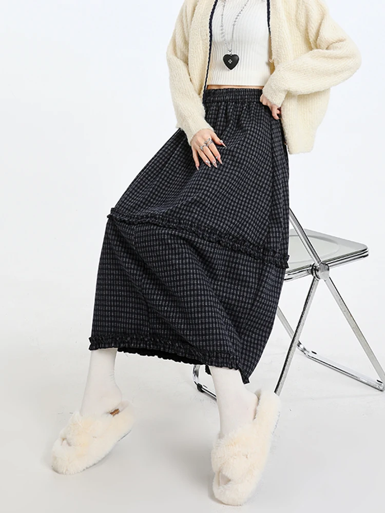 

Ретро-юбка миди А-силуэта в клетку с высокой талией, женская, зимняя коллекция 2026, новая, с деревянной отделкой по краю