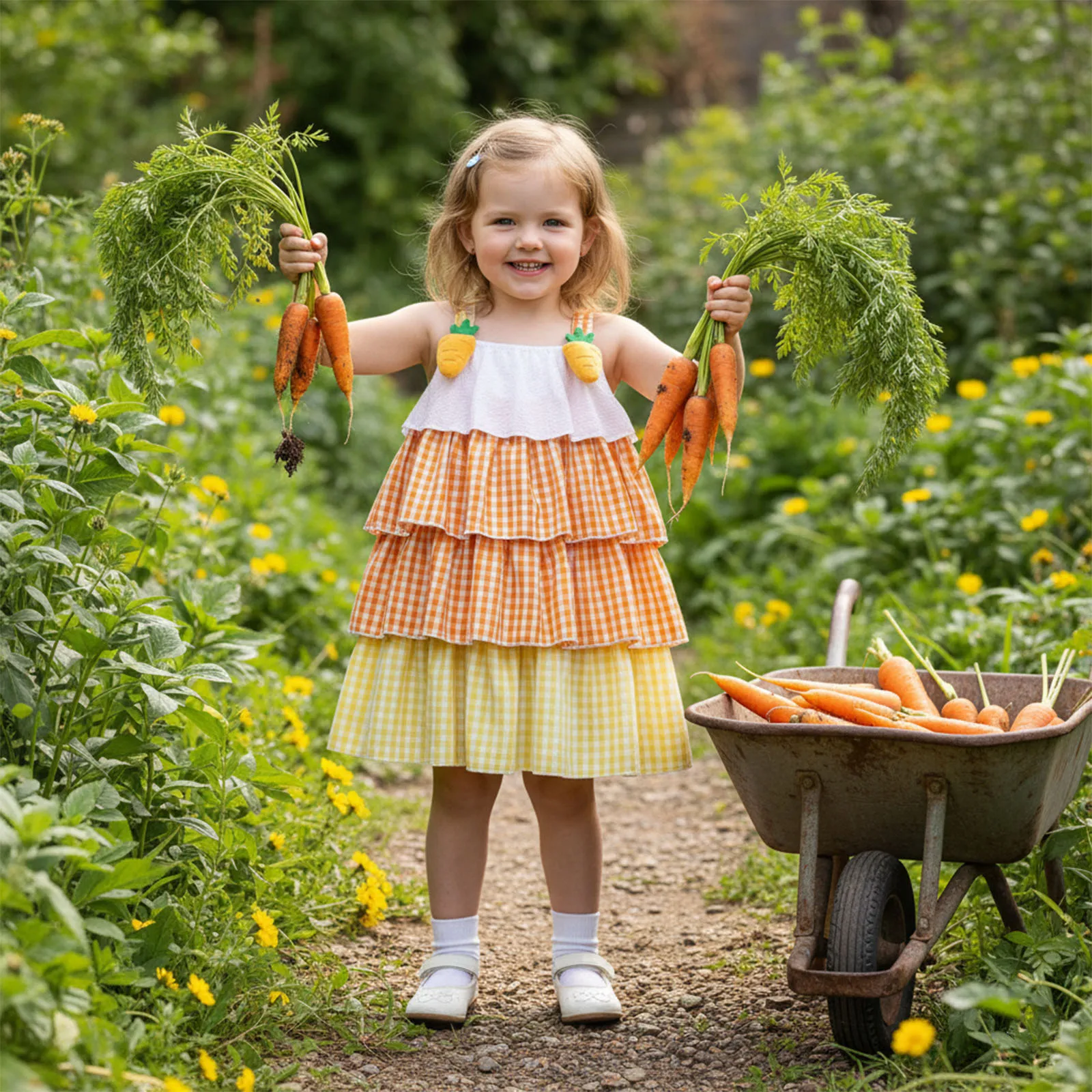 1-4Y Toddler Girls Dress Easter Clothes Carrot Decor Plaid Sleeveless Ruffles Cami Dress Kids Casual Princess Party Dresses