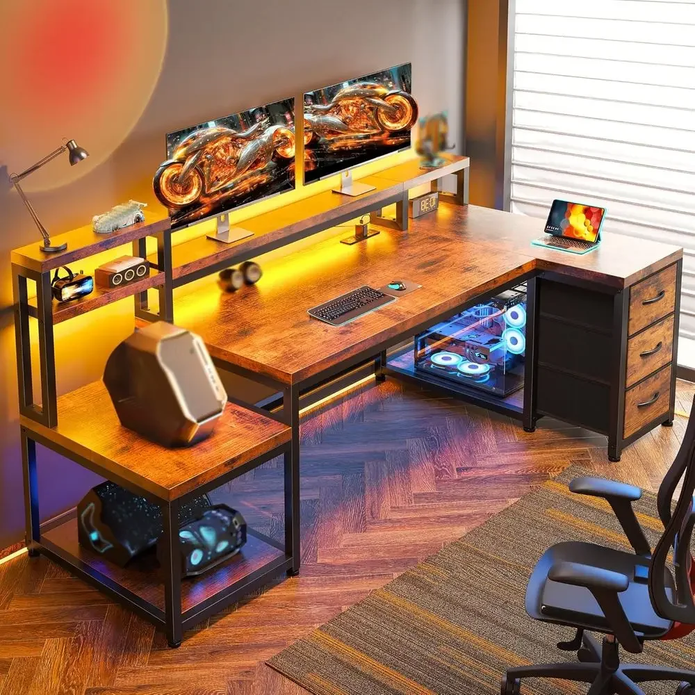 L-Shaped Computer Desk with 3 Drawers, LED-lit Gaming Desk, Power Outlet, Monitor Stand, Printer Shelf, Rustic Brown for Home Of