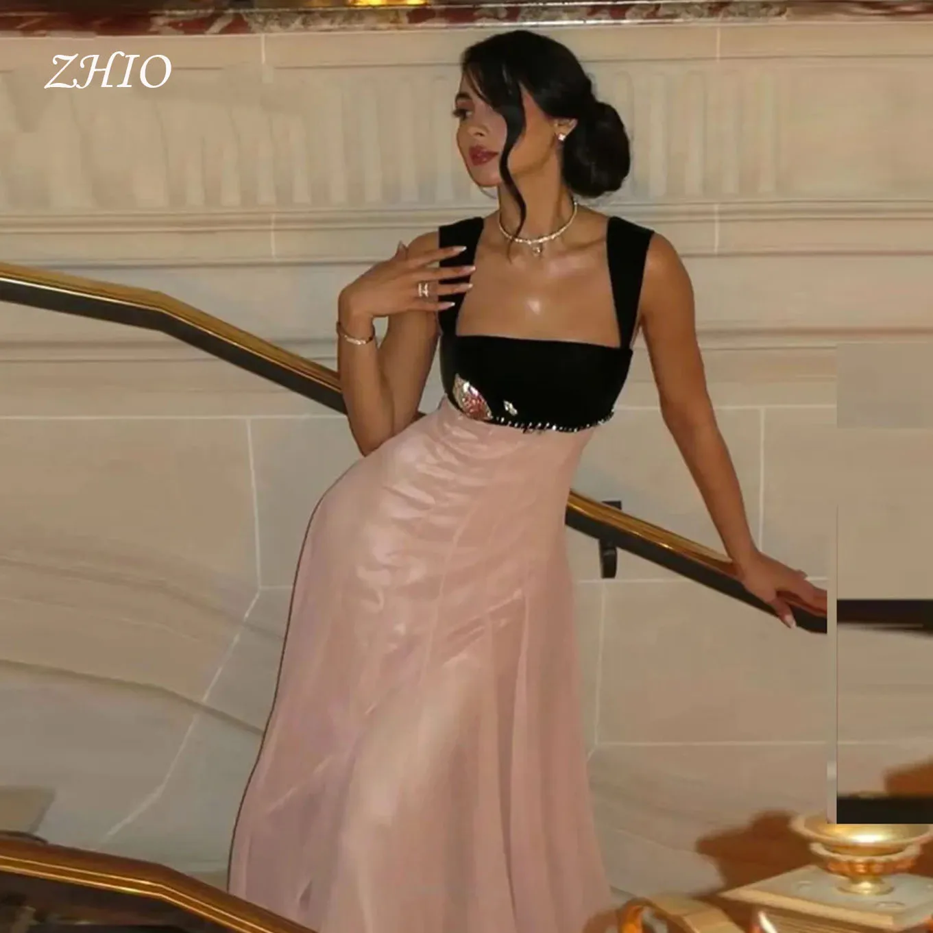 

ZHIO Customized Spaghetti Strap Square Neck Black Pink Formal Evening Dresses Shiny Beaded A-Line Celebrity Dresses/Prom Dresses