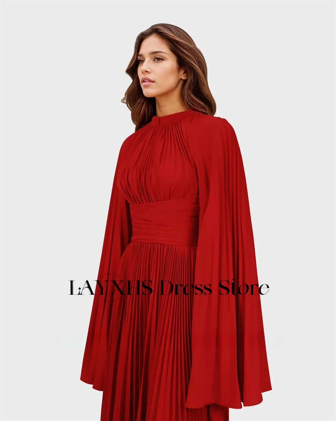 LAYXHS Mode Rode O-hals Avondjurken A-lijn Lange mouwen Plooien Enkellange Galajurken Op maat gemaakt فساتnement