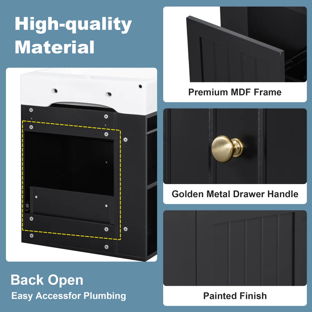 20-Inch Bathroom Vanity:Ceramic Sink,MDF Cabinet(Drawer, Side Shelf, Gold Handle)–Compact