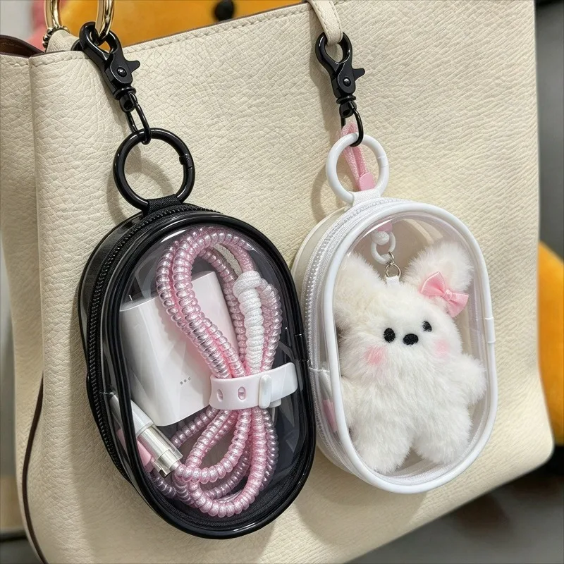 1/2Pcs PVC Oval Hanging Storage Bags Keychain Waterproof Organizer Case Portable Thicken Transparent Zipper Dustproof Bags