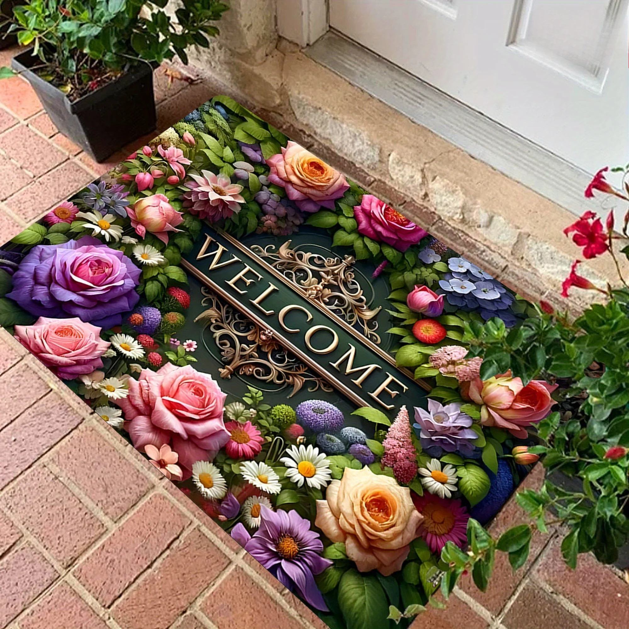 Elegant Welcome Floral Shaped Rug Luxuriant Rose Daisy Mixed Flower Print Non Slip Floor Mat for Entryway Front Door Home Accent