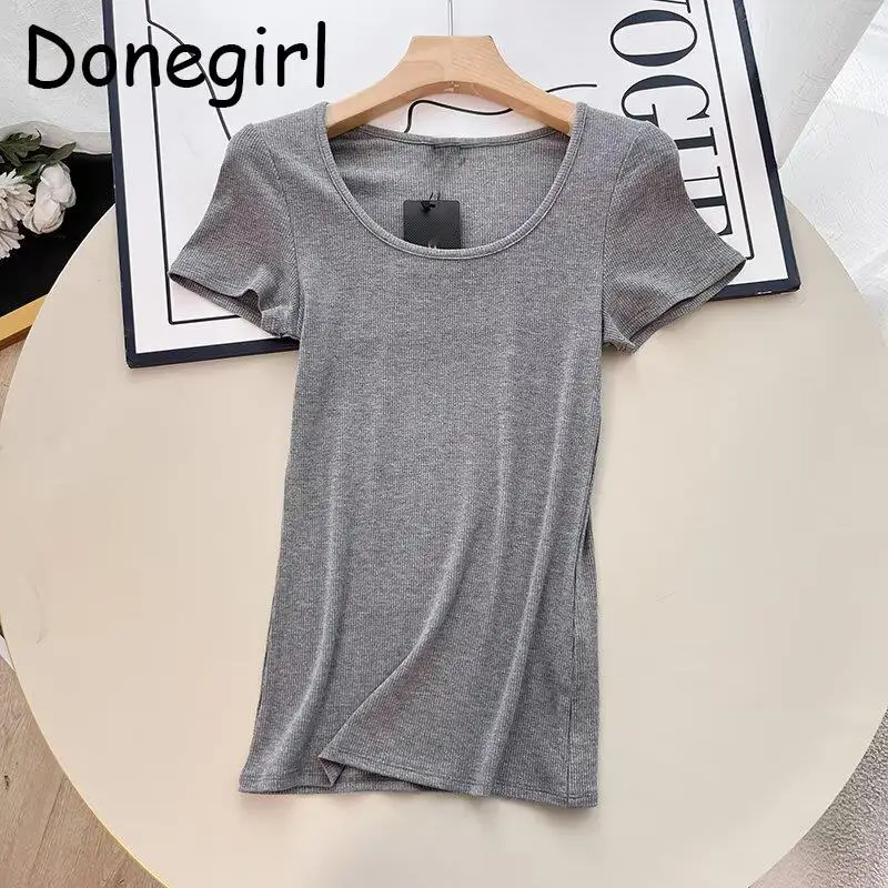 Donegirl 2024 Summer New Women Fashion Short Sleeve Ribbing Slim T-shirt Solid Simple Casual Basic Versatile Tees Tops Female