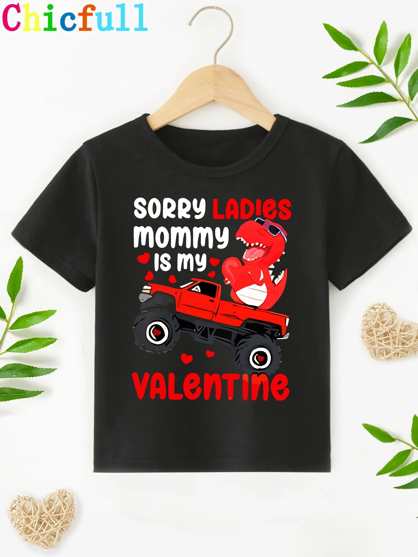 Chicfull‑Boys‑Dinosaur‑Truck‑My‑Mom‑Is‑My‑Valentine‑Print‑Polyester‑Short‑Sleeve‑Machine‑Washable‑Kids‑T‑Shirt