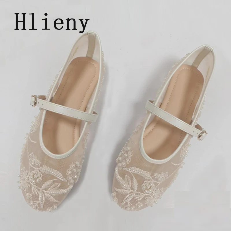 Hlieny Woman Design Embroidery Flowers Pearl Mesh Round Tor Buckle Strap Ballet Flats Loafers Ladies Mary Jane Shoe Mules Sandal image 2
