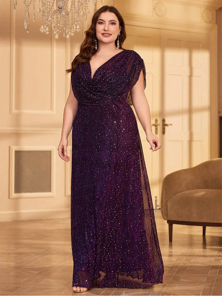 Plus Size V Neck Purple Polka Dot Shiny Evening Dress 4xl 5xl Big Size Big Size Sleeveless Banquet Party Evening Dress Women