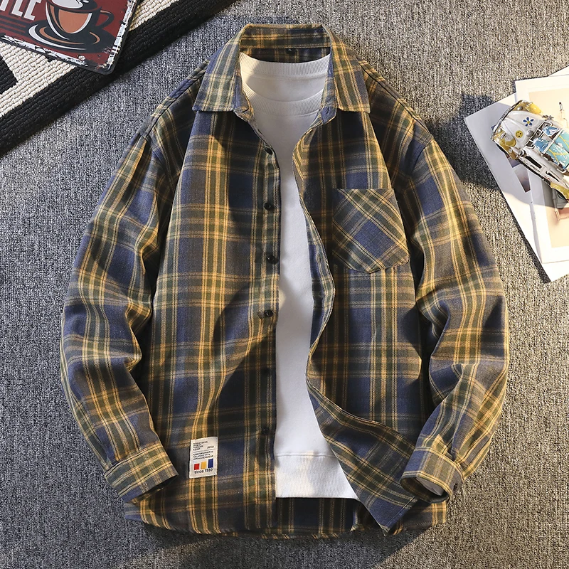 

Мужская рубашка из хлопка с длинным рукавом, новая коллекция Весна-Осень 2026, с начесом, желтая в клетку, для бизнеса и отдыха, фланелевая, не требующая глажки