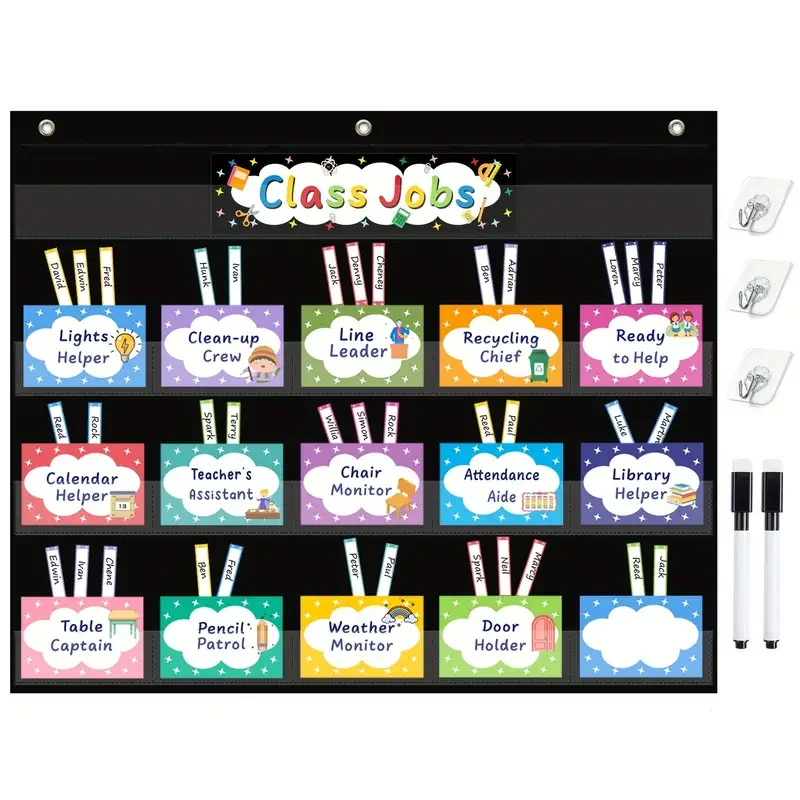 Class Jobs Pocket Chart Class Management Educational Pocket Chart with 70 Colorful Dry Erase Cards and 3 Hooks For Students