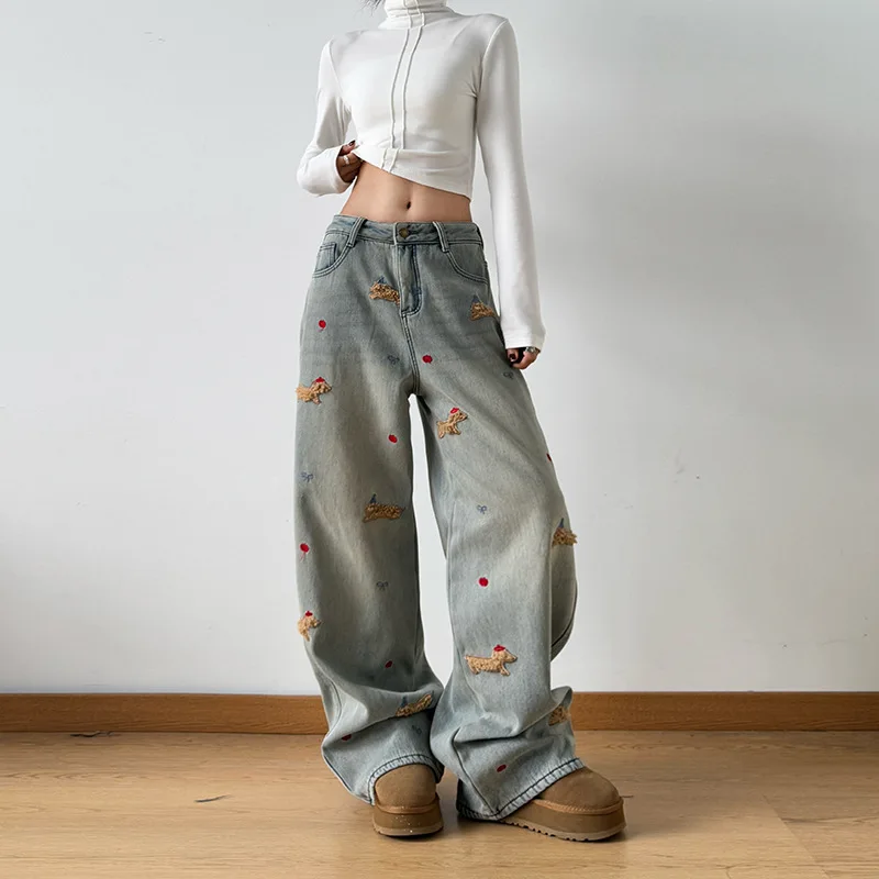 

Dachshund embroidered jeans women's 2025 autumn and winter new velvet high-waisted and thin straight wide-leg pants