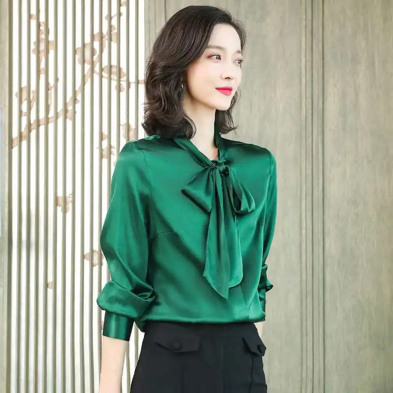 

Spring New Design Heavy Silk irt for Women Small French Sle Long Sve Pure Color Regular Sve pe Ele Ladies' Bl...