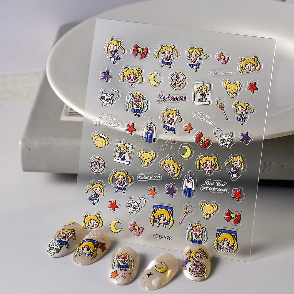 

Relief Sailor Moon Nail Stickers for Girls Cartoon Cute Tsukino Usagi Nail Decoration Decal Pattern Women Makeup Accessories