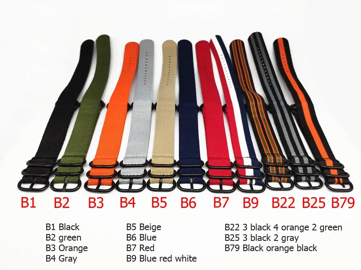 Nylon Strap 18mm 20mm 22mm 24mm Solid Bracelet Military Fabric Nylon Watch Straps Woven  Straps Bands Black Buckle Belt