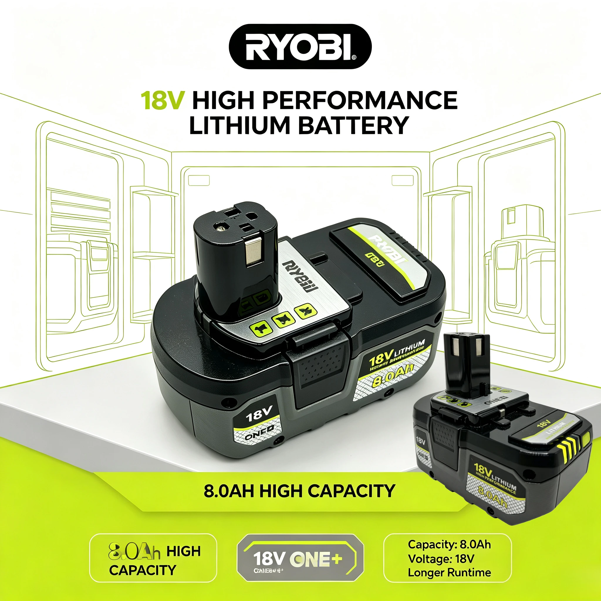 Ryobi 18V 8.0Ah ONE+ Rechargeable Li‑ion Battery, Hand‑Grip Friendly Fit P102 P103 P190,For Site Cutting Drilling Power Tools
