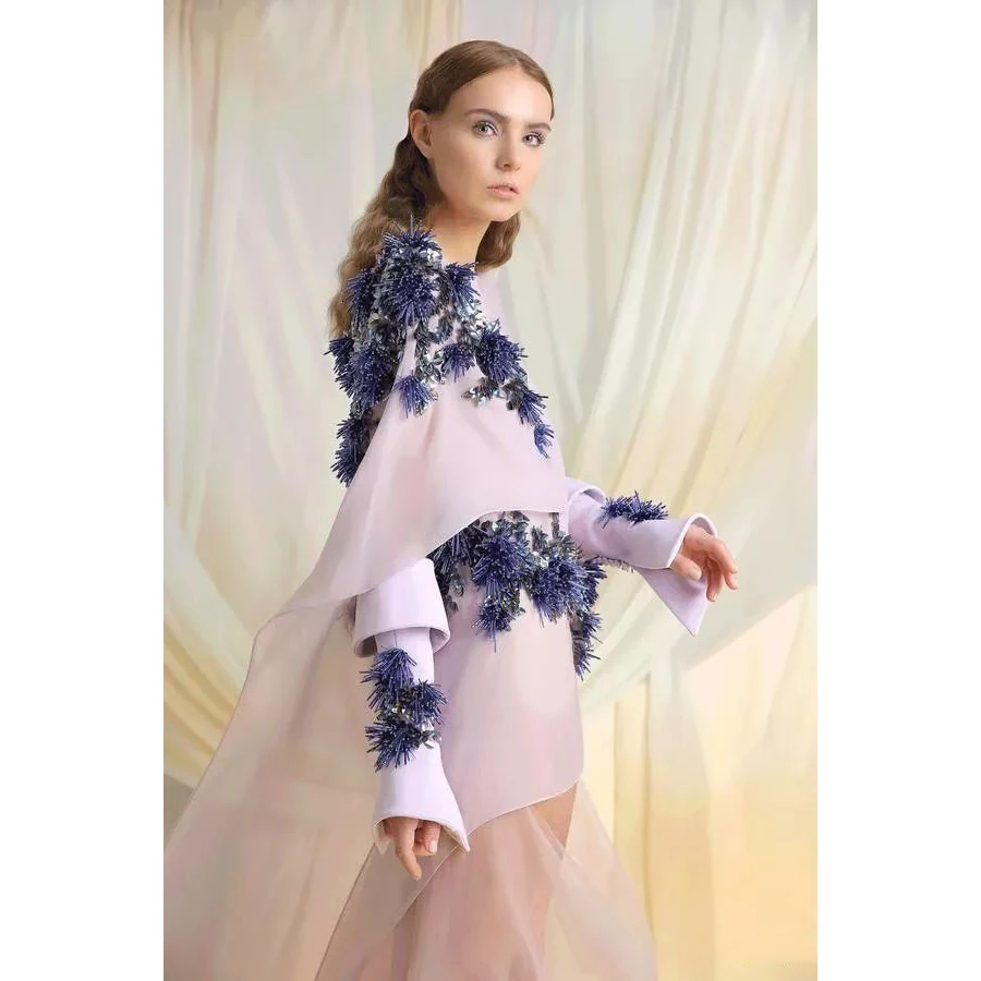 Fairy 3D Floral Prom Gowns Pink Sheer abiye gece elbisesi robe de soiree Full Sleeves Long Formal Dresses for Wedding Women