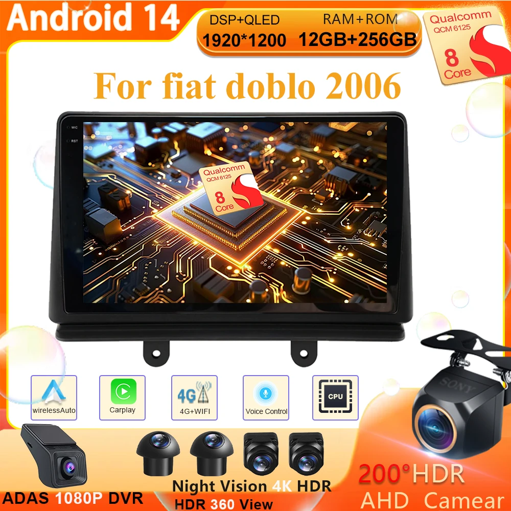 Car Radio For fiat doblo 2006 Android 14 Multimedia Video Player Navigation GPS 4G Carplay Auto Audio Stereo Head Unit